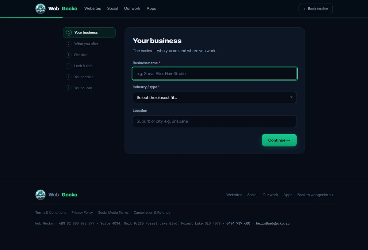 The WebGecko instant quote tool